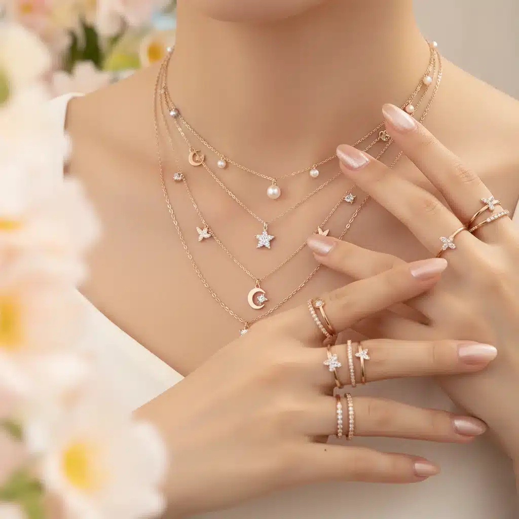 Model showcasing Shein layered necklaces and rings from the May 2026 collection.