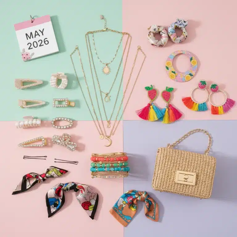 Shein May 2026 accessories haul flat lay with jewelry, bags, and hair pieces.