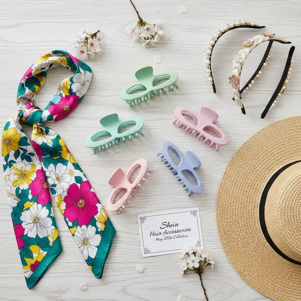 Shein May 2026 hair accessories, including claw clips, scarves, and headbands.