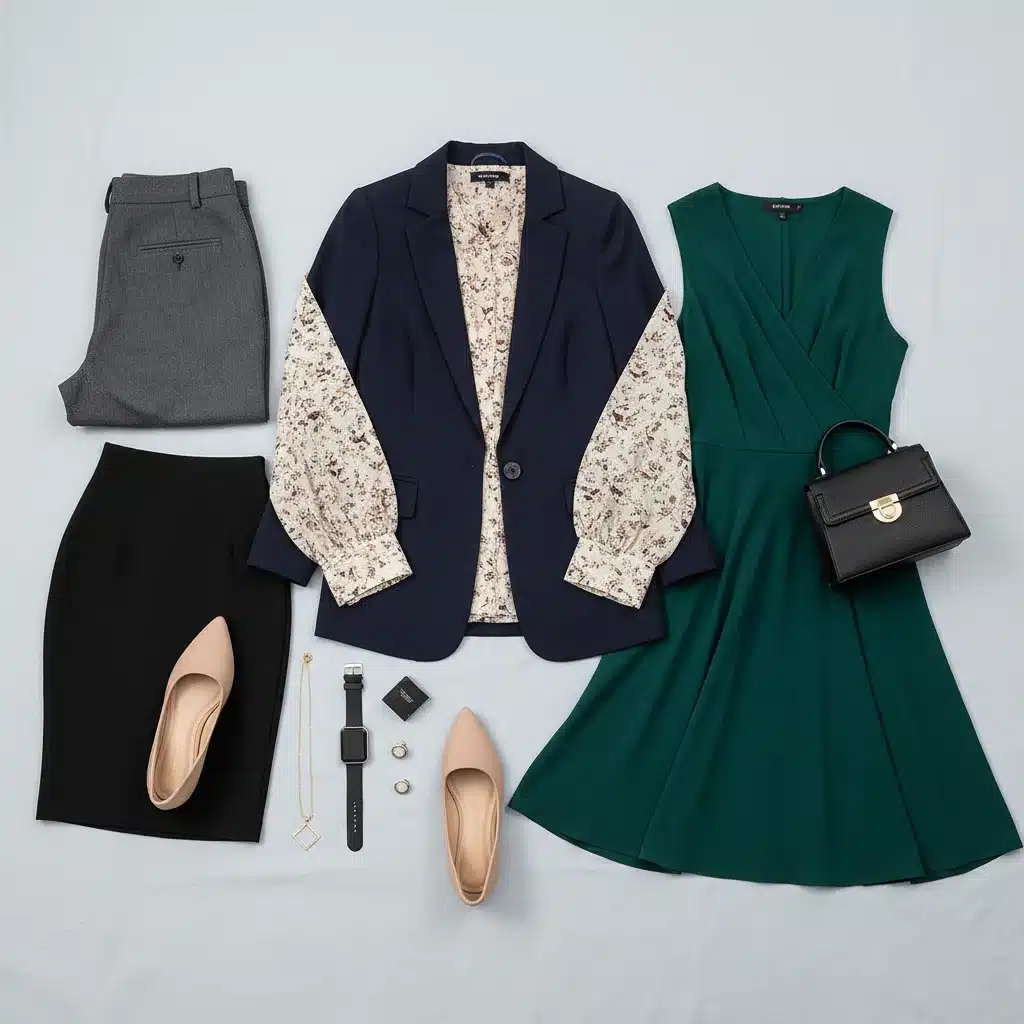 Flat lay of diverse Shein office wear garments and accessories for a professional wardrobe.