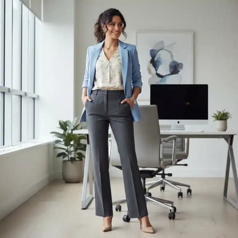 Professional woman in a modern Shein office outfit, showcasing affordable work style.