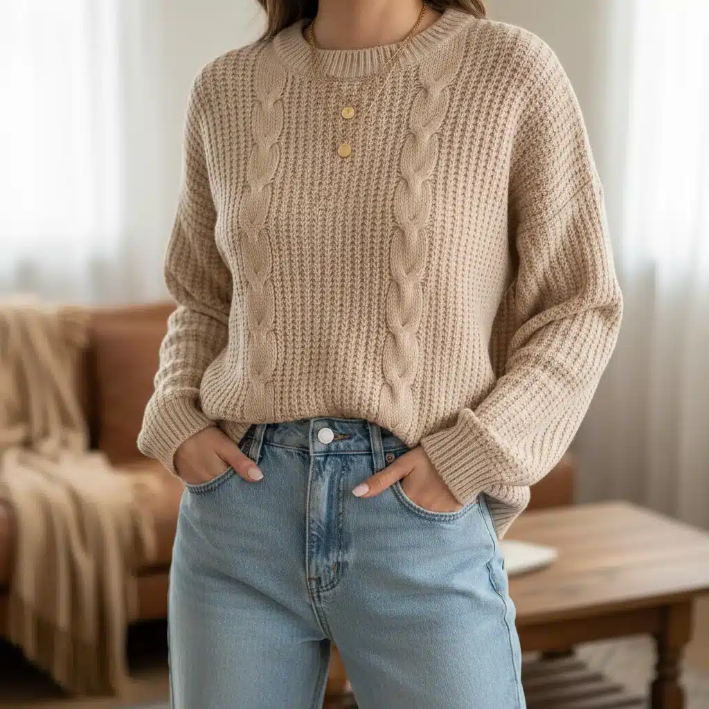 Woman wearing cozy Shein oversized knit sweater and high-waisted jeans