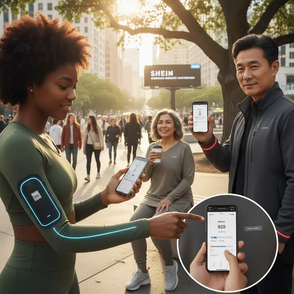 Diverse US consumers utilizing SHEIN smart apparel for fitness, comfort, and interactive experiences.