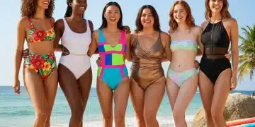 Diverse women in fashionable SHEIN swimwear 2026 on a sunny beach, showcasing summer trends.