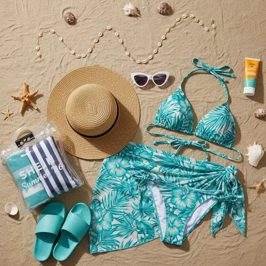 SHEIN swimwear accessories flat lay: straw hat, sunglasses, body chain, sarong, beach bag.
