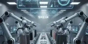 Robotic arms with optical sensors inspecting garments on a factory floor, symbolizing SHEIN's Vision AI quality control in the US.