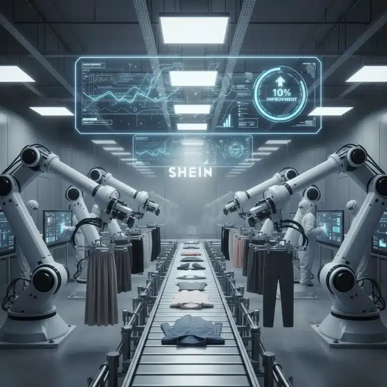 Robotic arms with optical sensors inspecting garments on a factory floor, symbolizing SHEIN's Vision AI quality control in the US.
