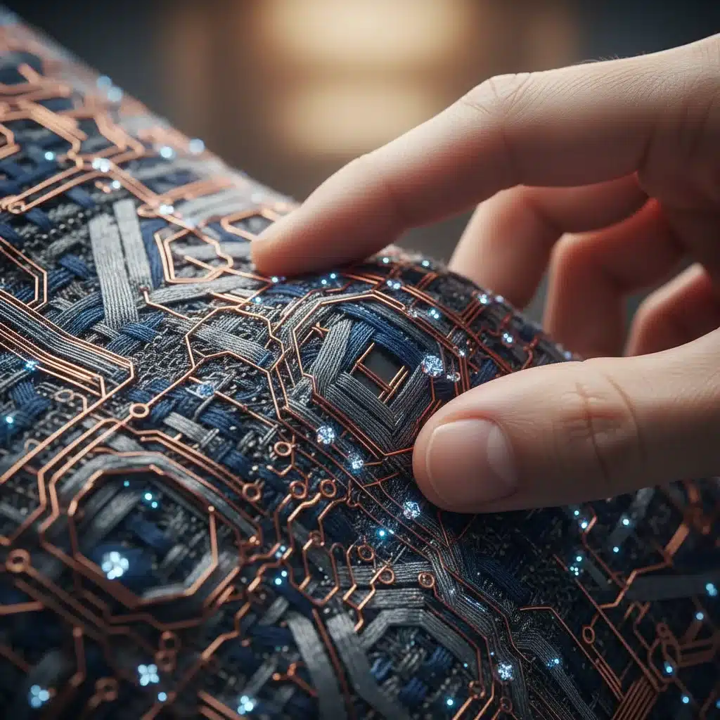 Detailed view of smart fabric with embedded sensors and conductive threads, highlighting textile innovation.