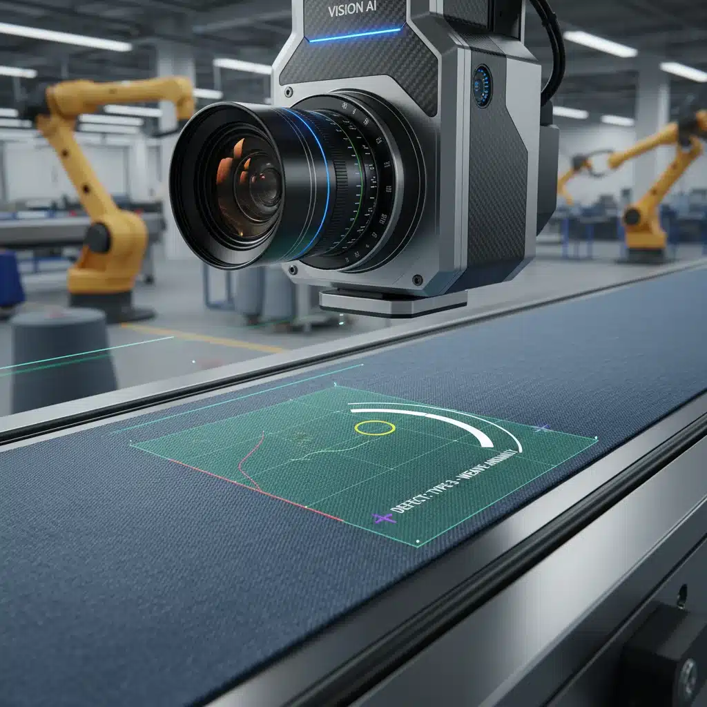 High-resolution camera scanning fabric for defects with Vision AI in a textile production line.