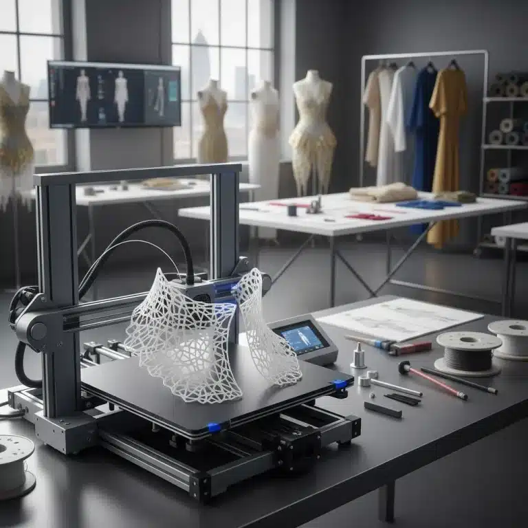 3D printer creating intricate fashion garment components for rapid prototyping in a modern design studio.