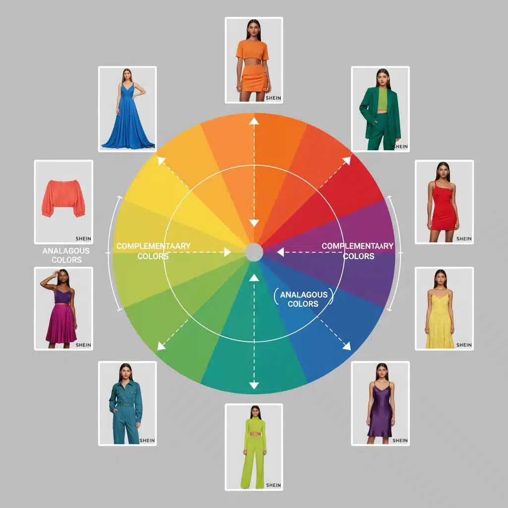 Color wheel with Shein fashion examples demonstrating complementary and analogous color schemes