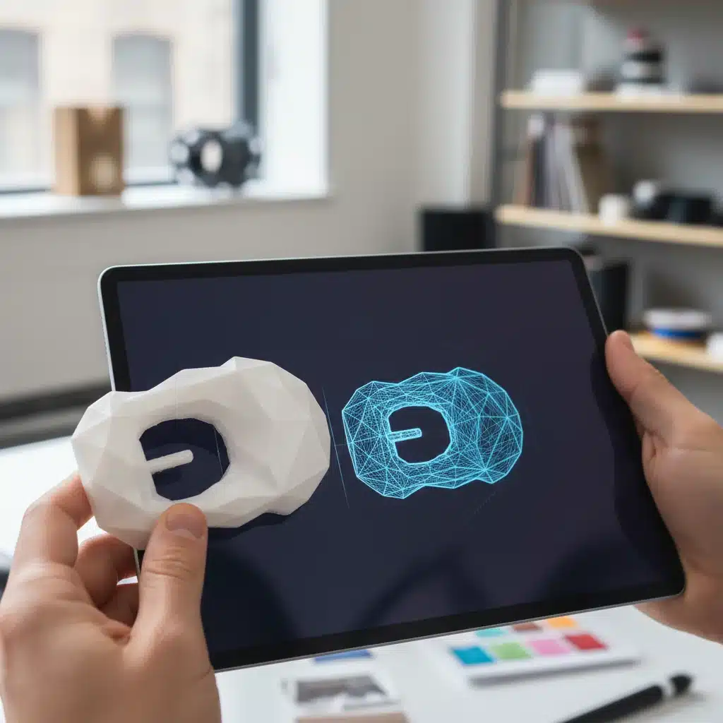 Designer examining a detailed 3D printed fashion accessory, comparing it to a digital design.