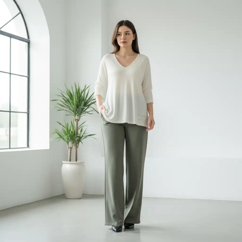 Apple body shape woman in Shein empire waist top and wide-leg pants, demonstrating flattering fit.