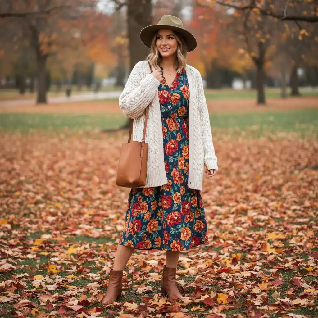 Model wearing SHEIN floral midi dress styled for autumn with cardigan and boots