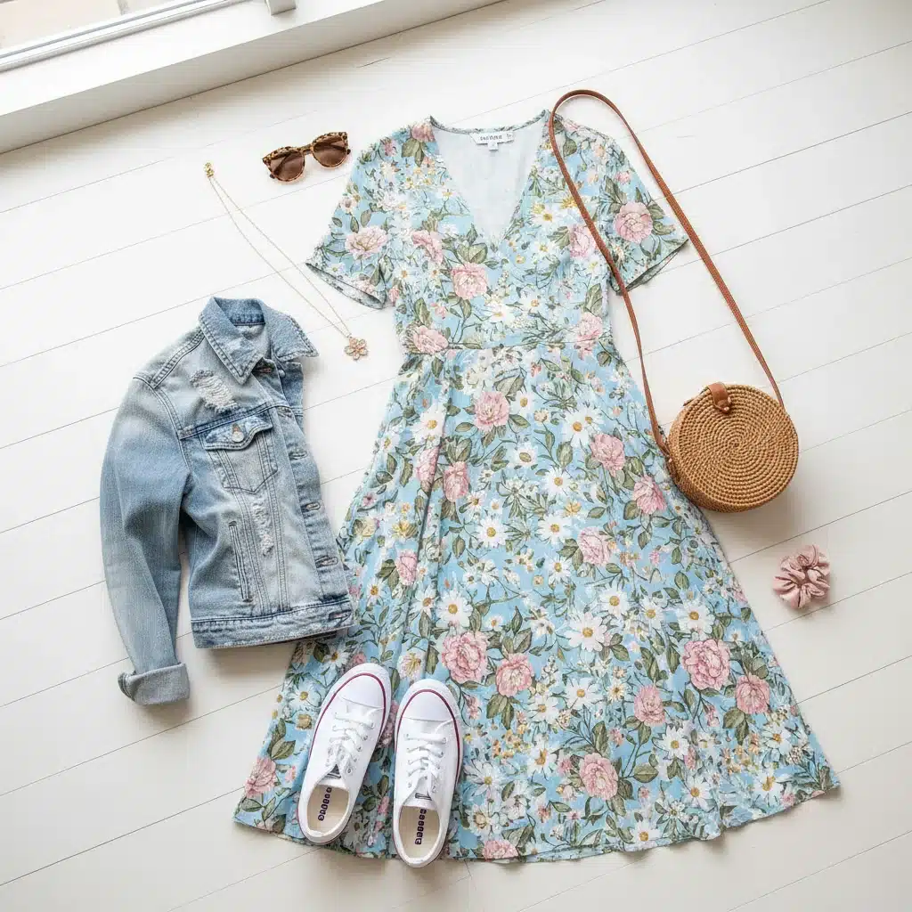 Flat lay of SHEIN floral midi dress with spring accessories