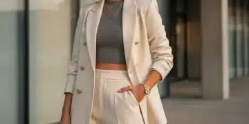 Woman showcasing high-end Shein outfit with structured blazer and tailored trousers