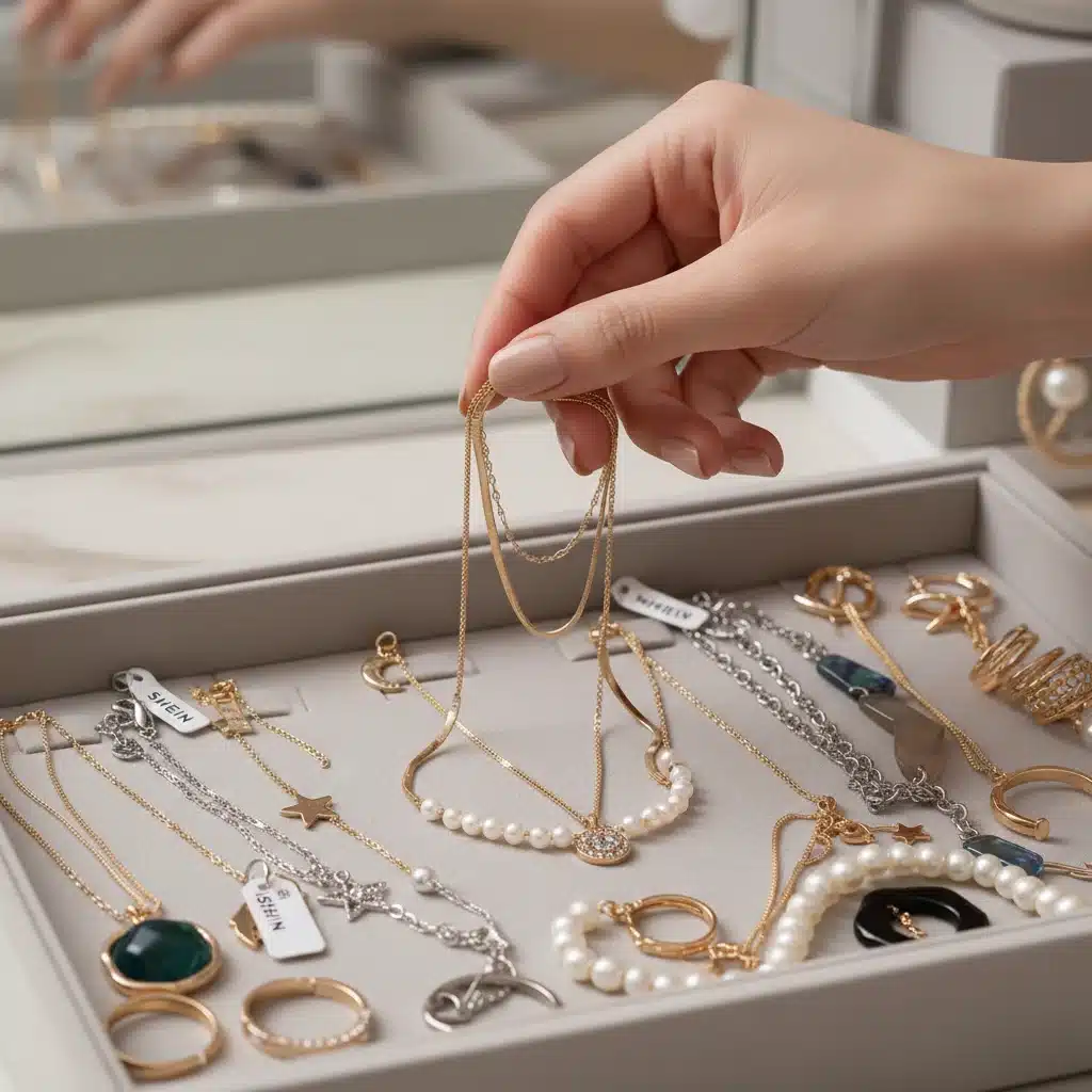 Hand layering Shein necklaces for a chic, trendy look.
