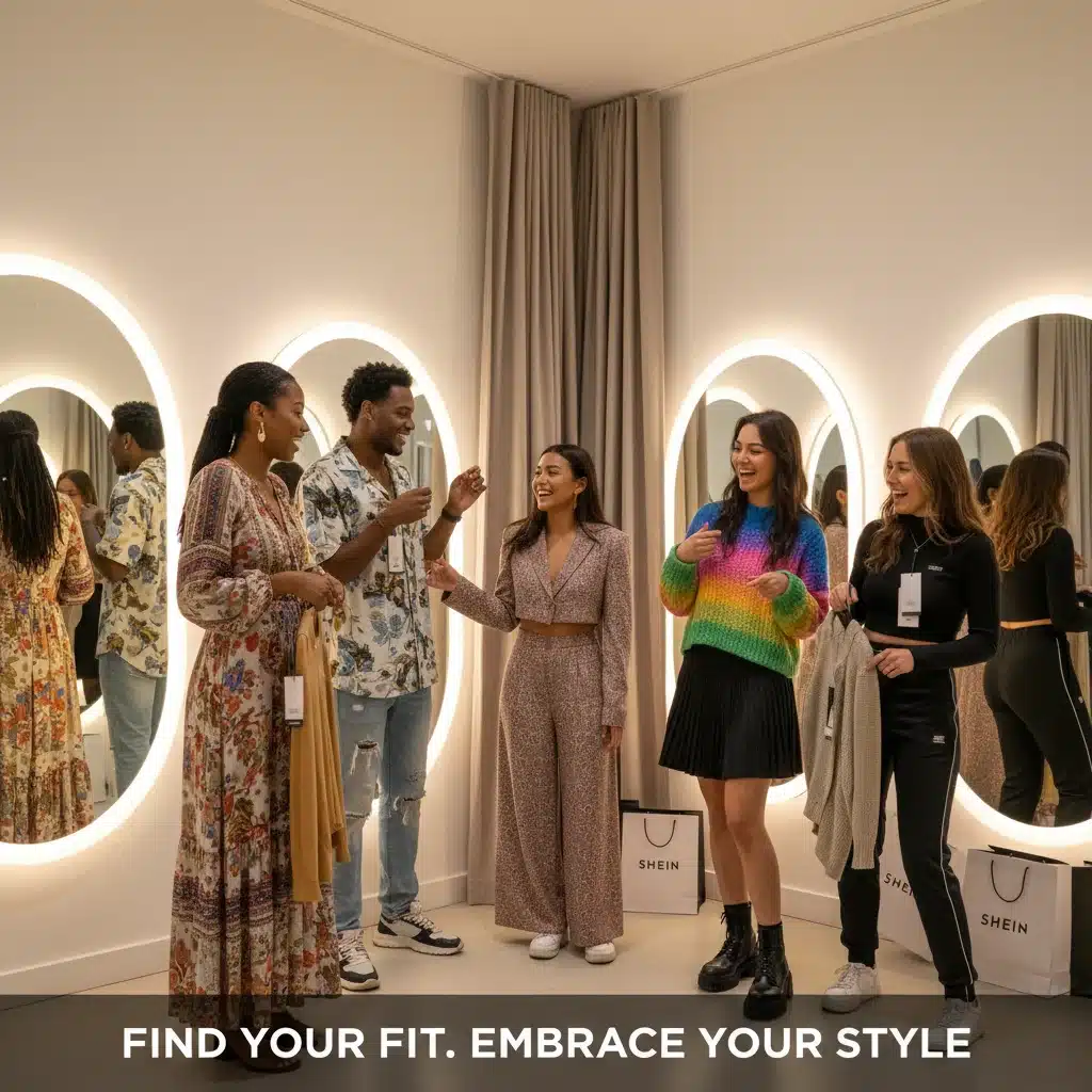 Friends trying on Shein clothes, understanding personal style and fit.