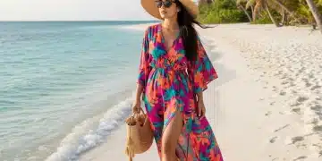 Woman in vibrant SHEIN resort dress on beach