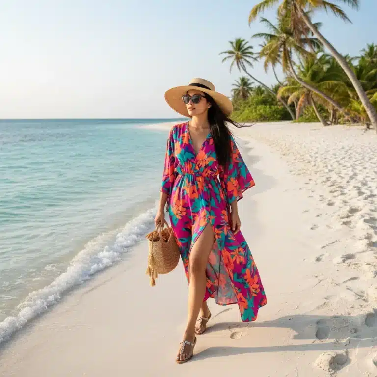 Woman in vibrant SHEIN resort dress on beach
