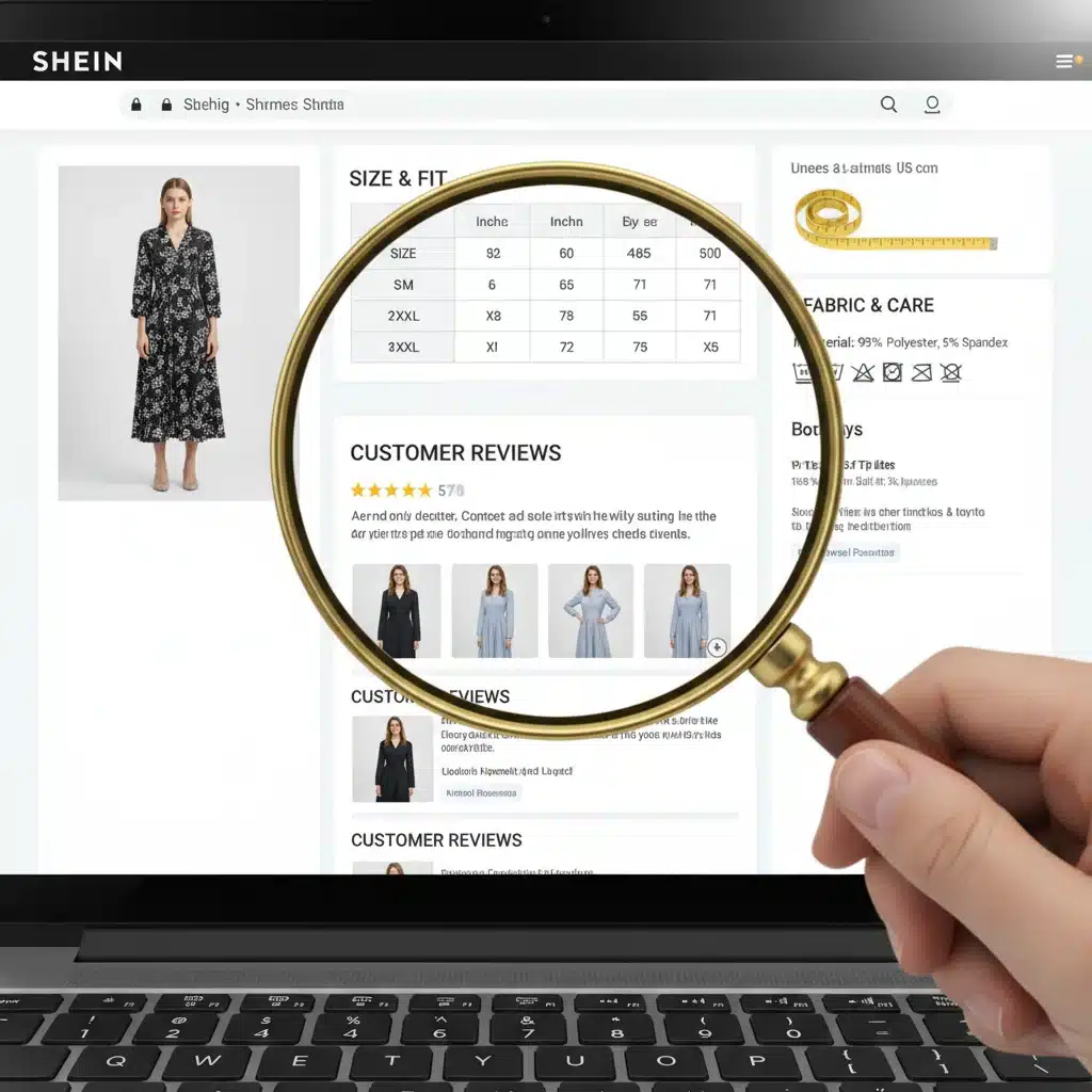 Shein product page with detailed sizing and review information.