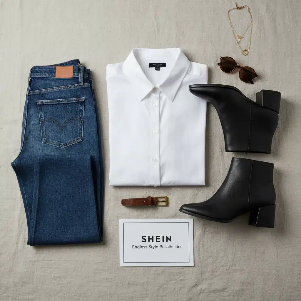 Flat lay of three versatile Shein pieces: white shirt, jeans, ankle boots