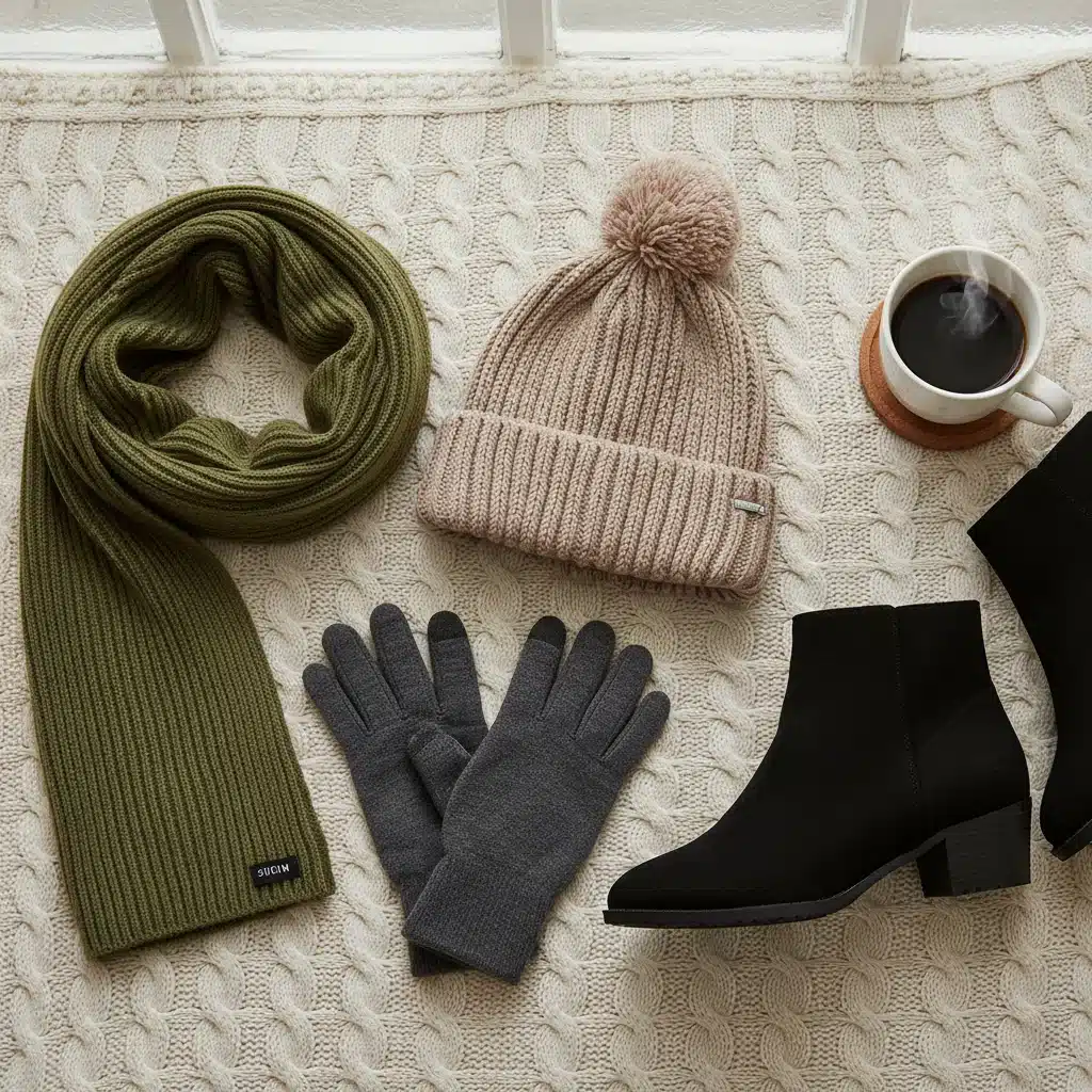 Shein winter accessories flat lay with beanie, scarf, gloves, and boots