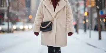 Stylish woman in oversized faux fur coat from Shein in winter city