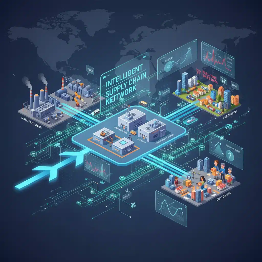 Complex supply chain network optimized with real-time data analytics for efficient inventory flow and reduced overstock.