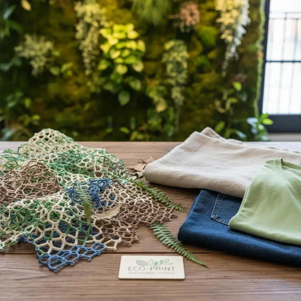 Sustainable fashion display with 3D printed eco-friendly textile swatches and natural elements.
