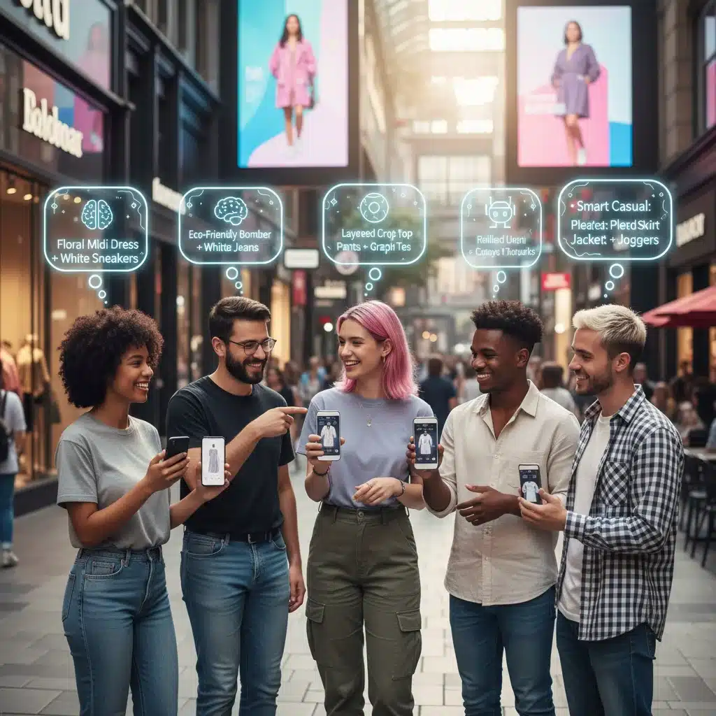 Group of friends discussing AI-generated fashion advice on their phones