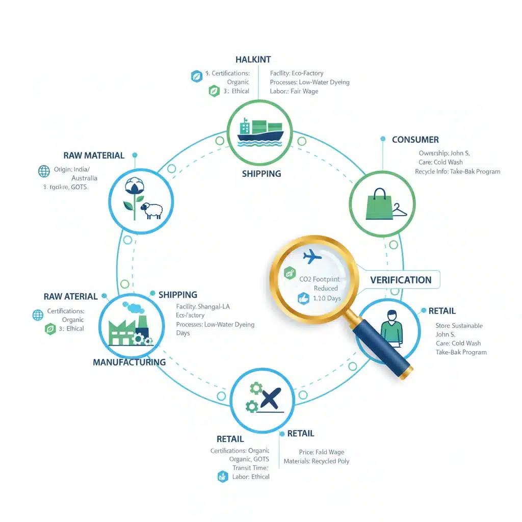 Infographic depicting a transparent supply chain journey with blockchain verification.
