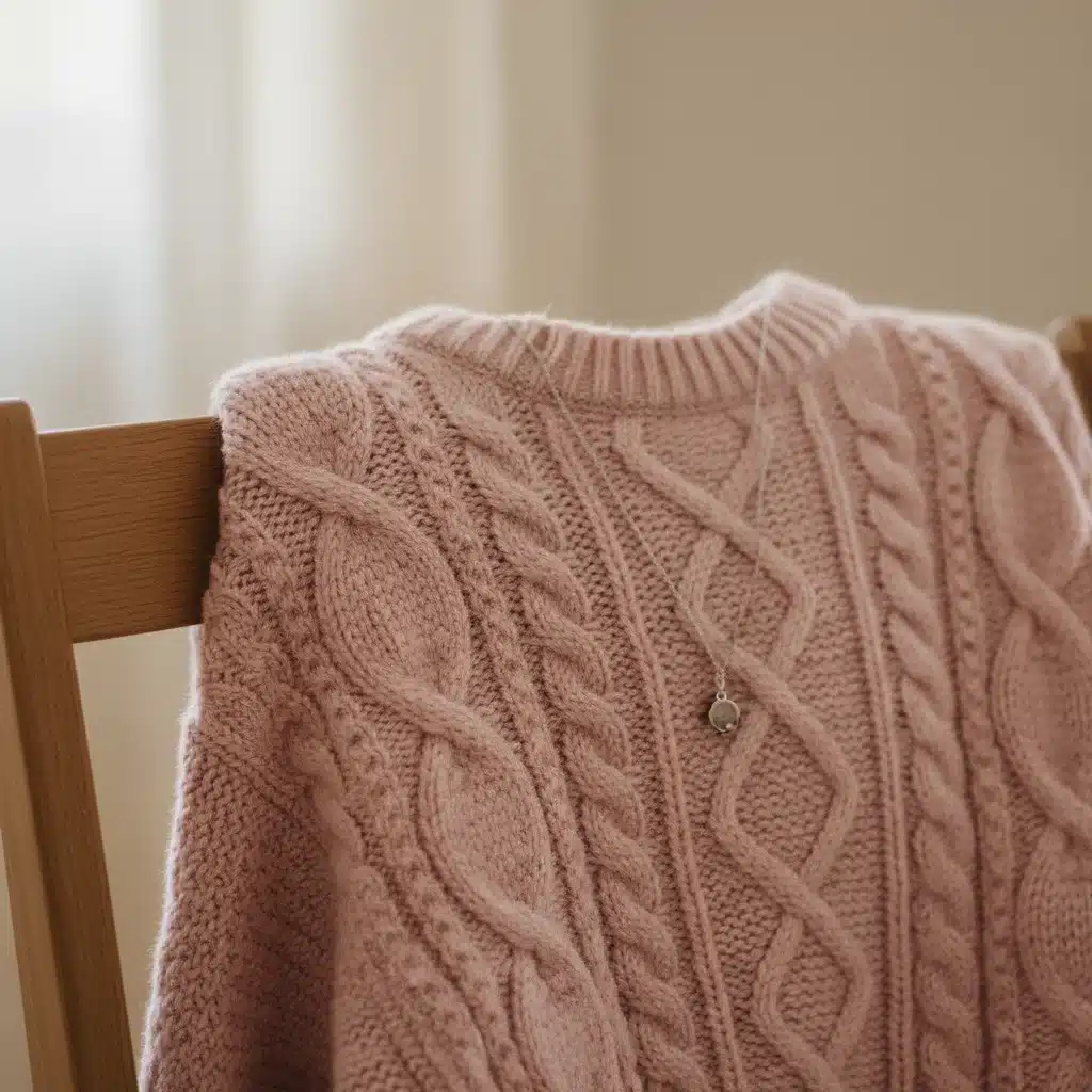 Close-up of a blush pink cable-knit sweater with intricate texture