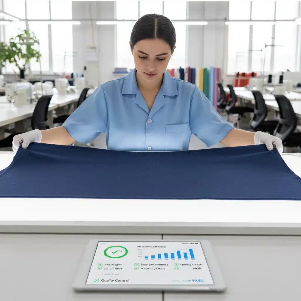 Garment worker inspecting fabric in an ethically compliant factory, digital tracking.