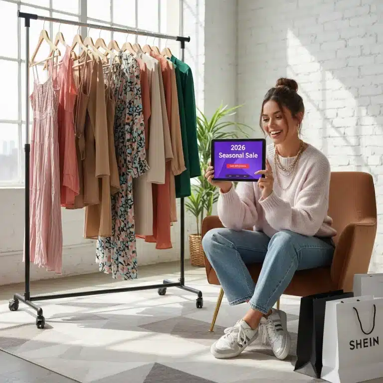 Young woman happily shopping SHEIN 2026 seasonal sales on tablet