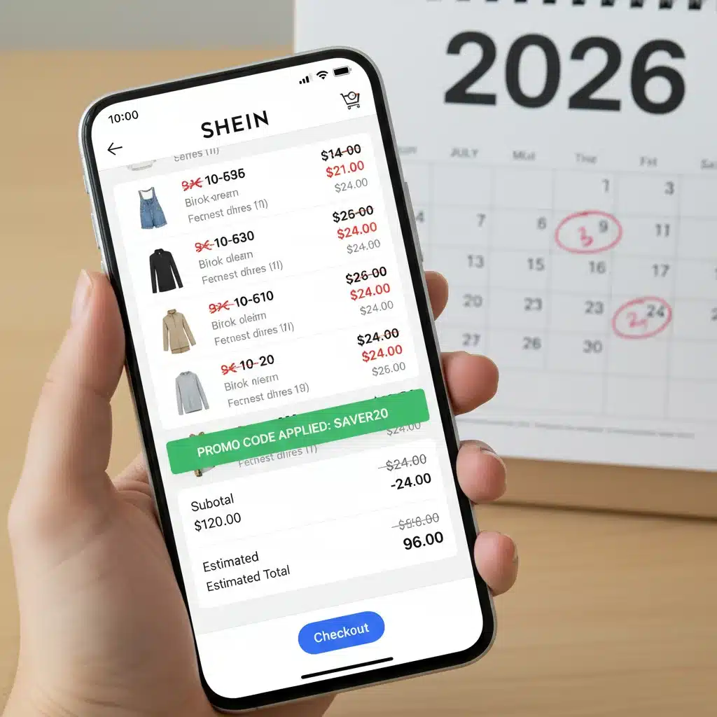 Shein app with discount applied and calendar for 2026 planning