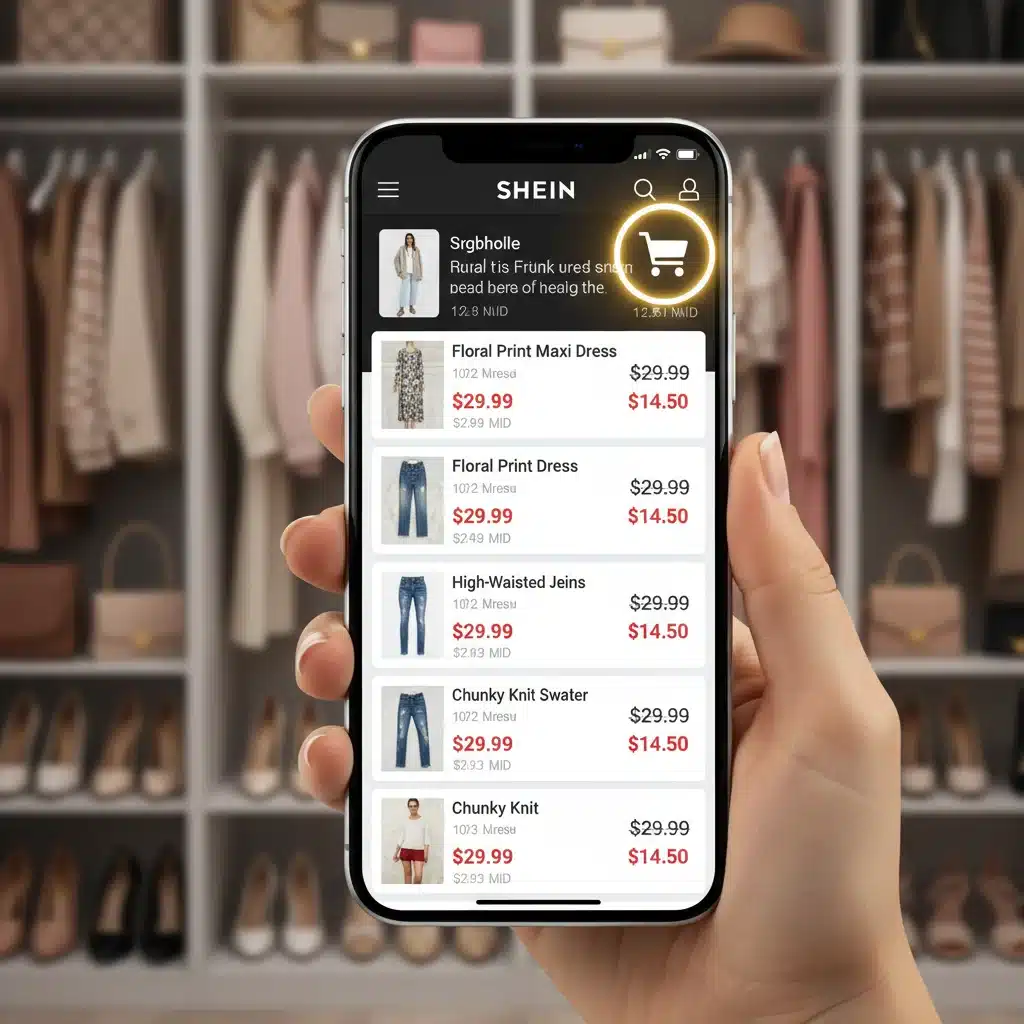 Smartphone displaying SHEIN app with discounted items in shopping cart