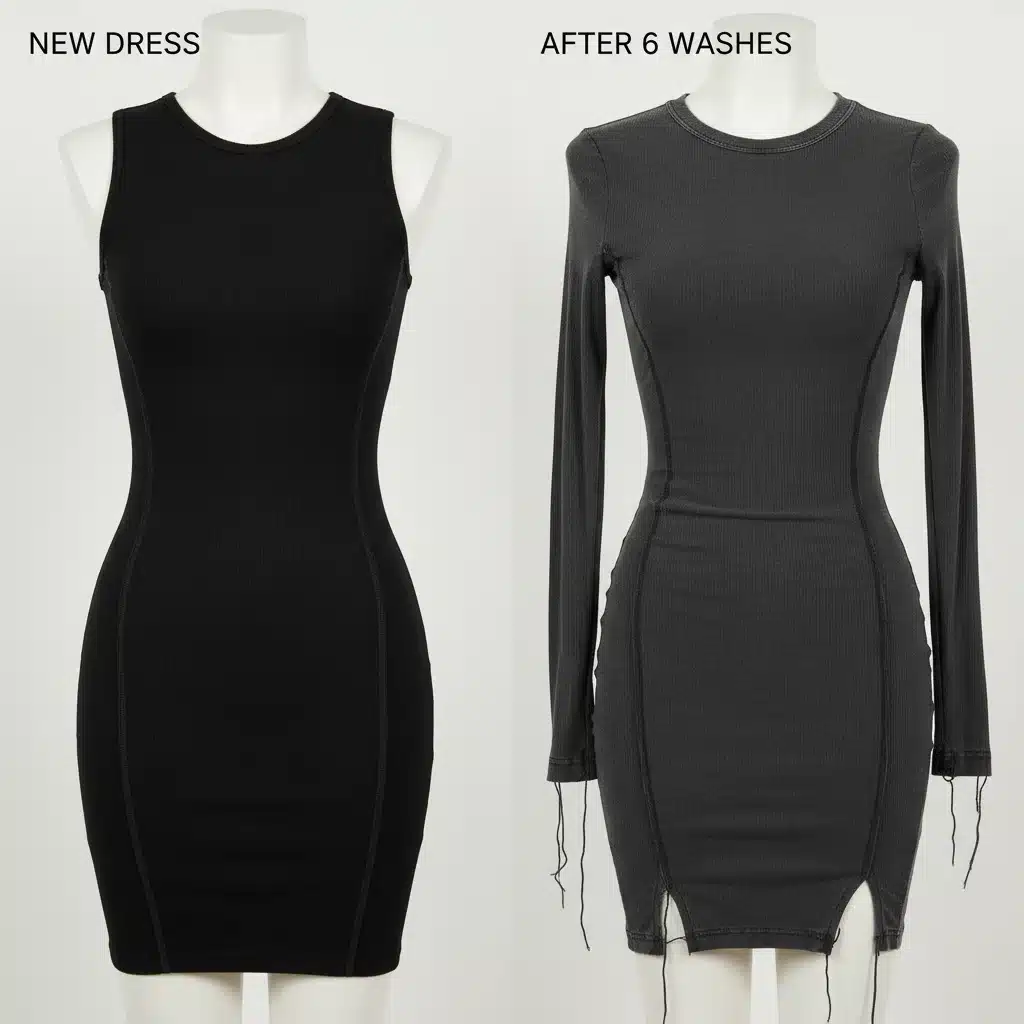 Side-by-side comparison of new versus washed Shein bodycon dress, highlighting changes in fabric and fit.