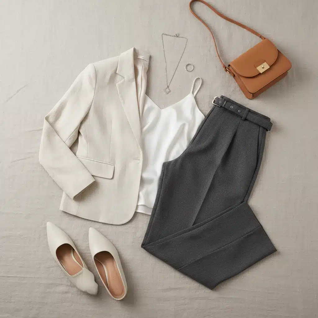 Flat lay of smart casual Shein outfit components, including blazer, trousers, and accessories.