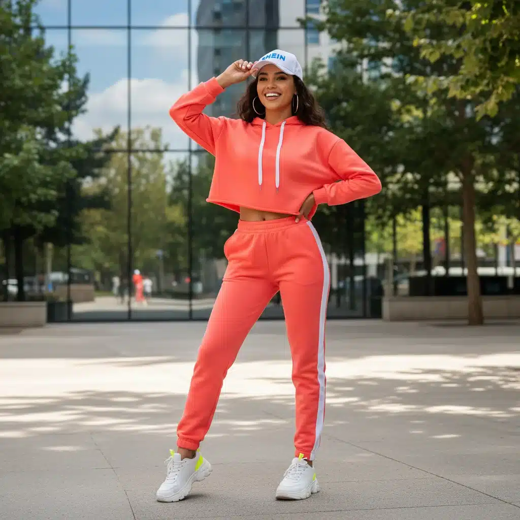 Woman in sporty-chic Shein outfit, featuring joggers, hoodie, and sneakers, in an active setting.