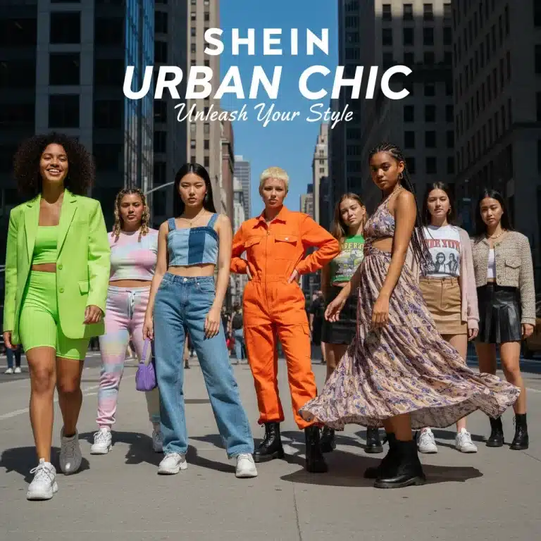Stylish women in diverse Shein outfits in an urban setting, showcasing affordable fashion trends.