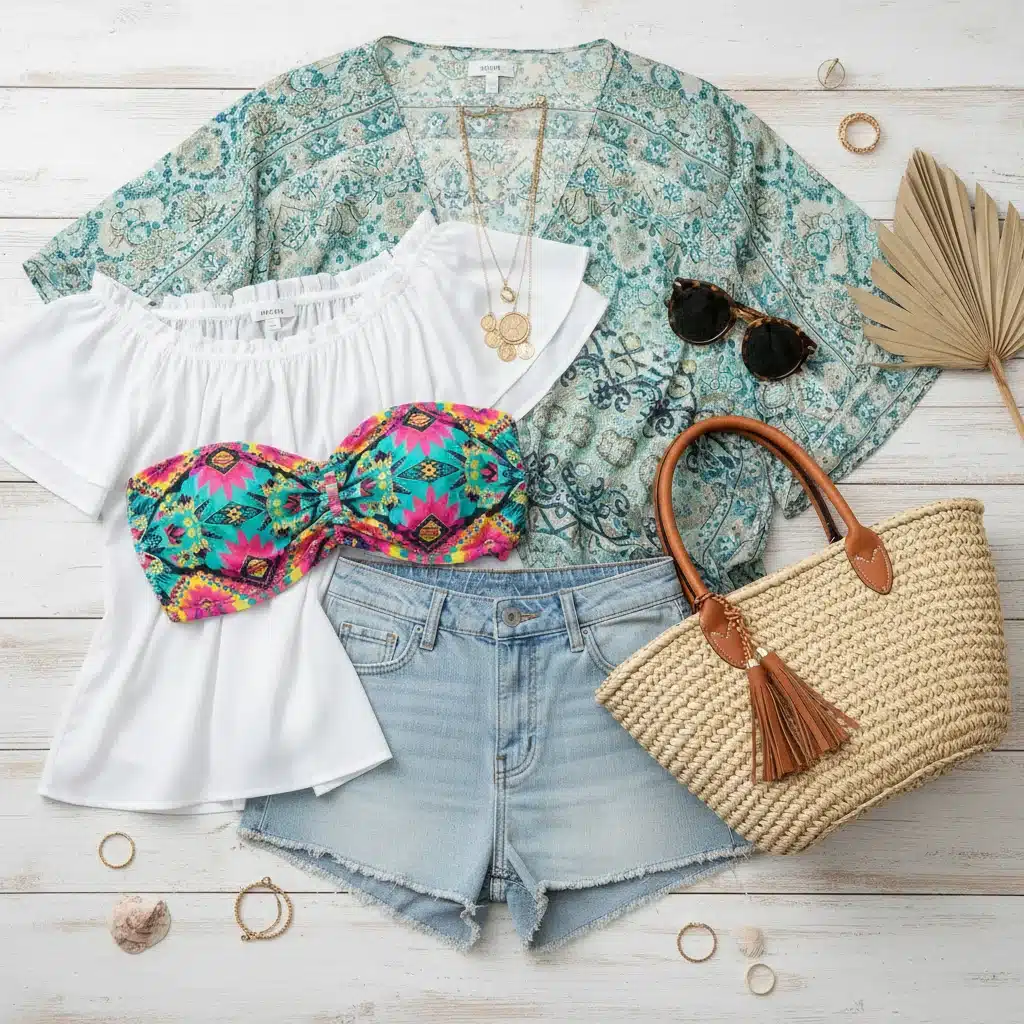 Flat lay of Shein summer capsule wardrobe essentials: shorts, top, kimono, accessories.