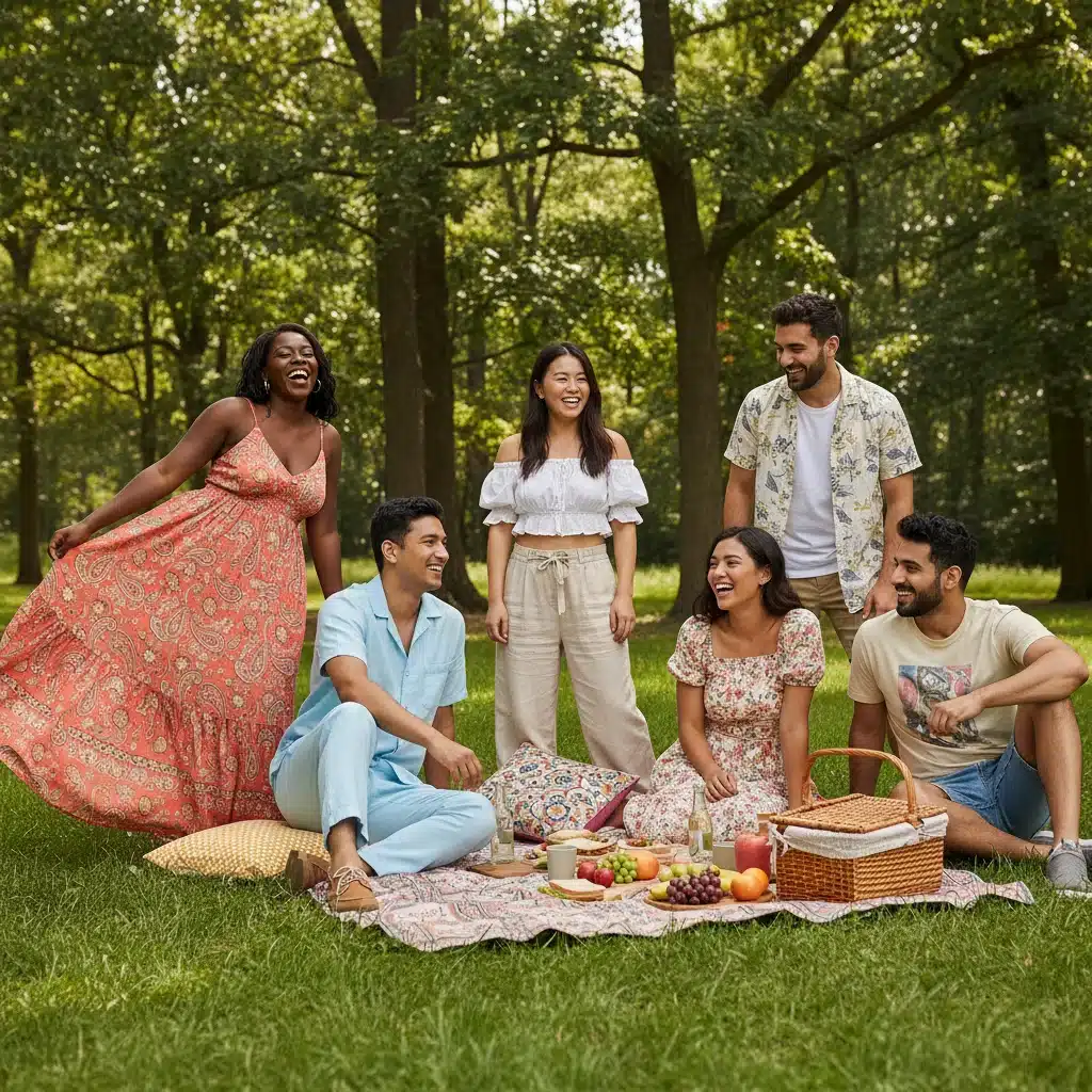 Friends in diverse Shein summer outfits enjoying a picnic in a sunny park.