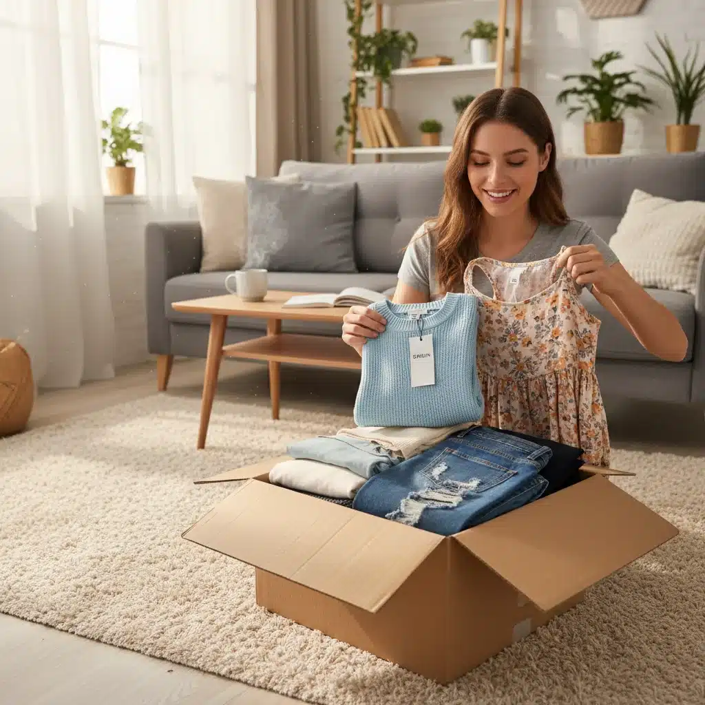 Person unboxing a Shein order with excitement, showing new clothes