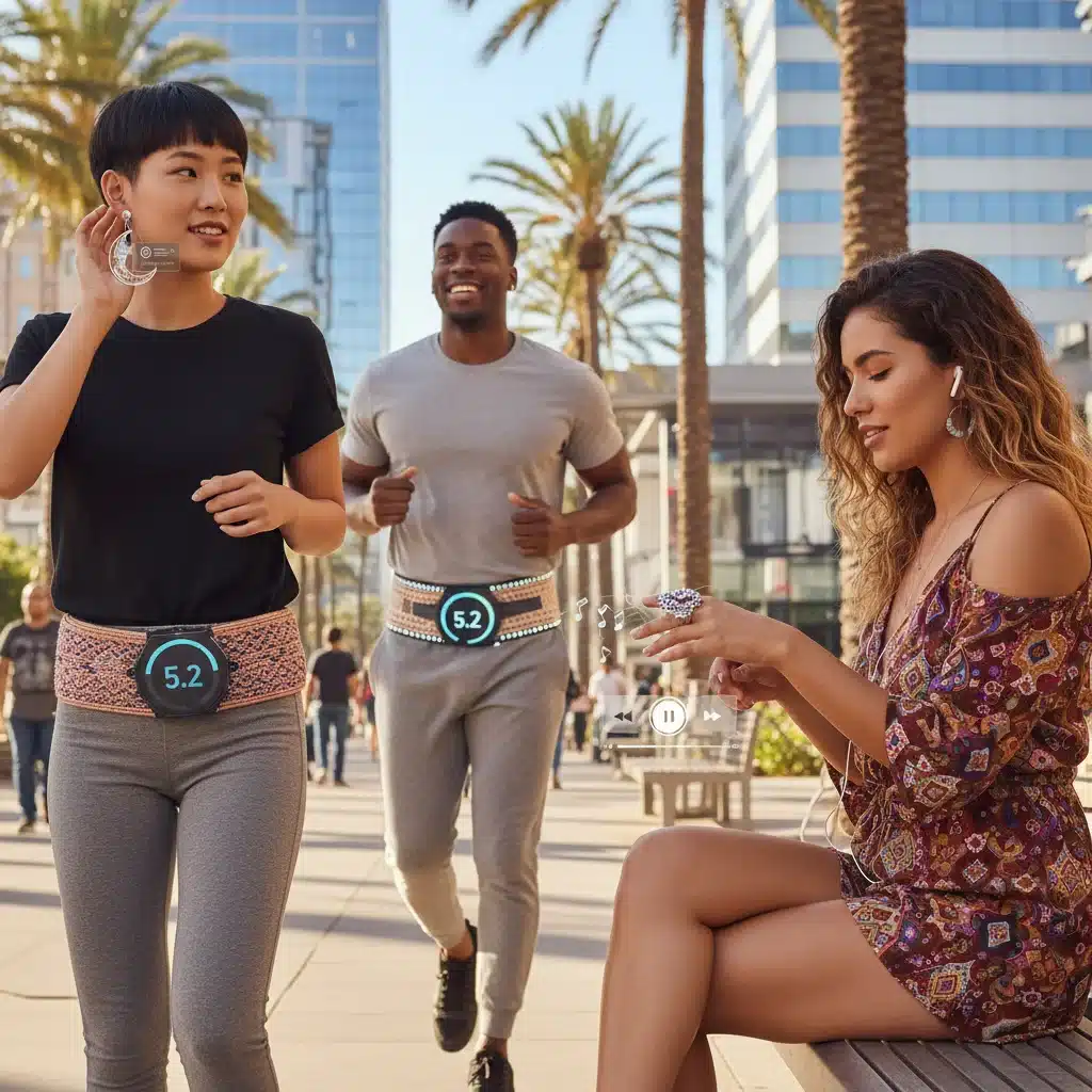 Diverse US consumers interacting with SHEIN smart accessories for daily tasks