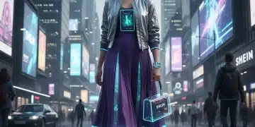 Futuristic fashion model showcasing SHEIN wearable tech accessories in a vibrant city environment