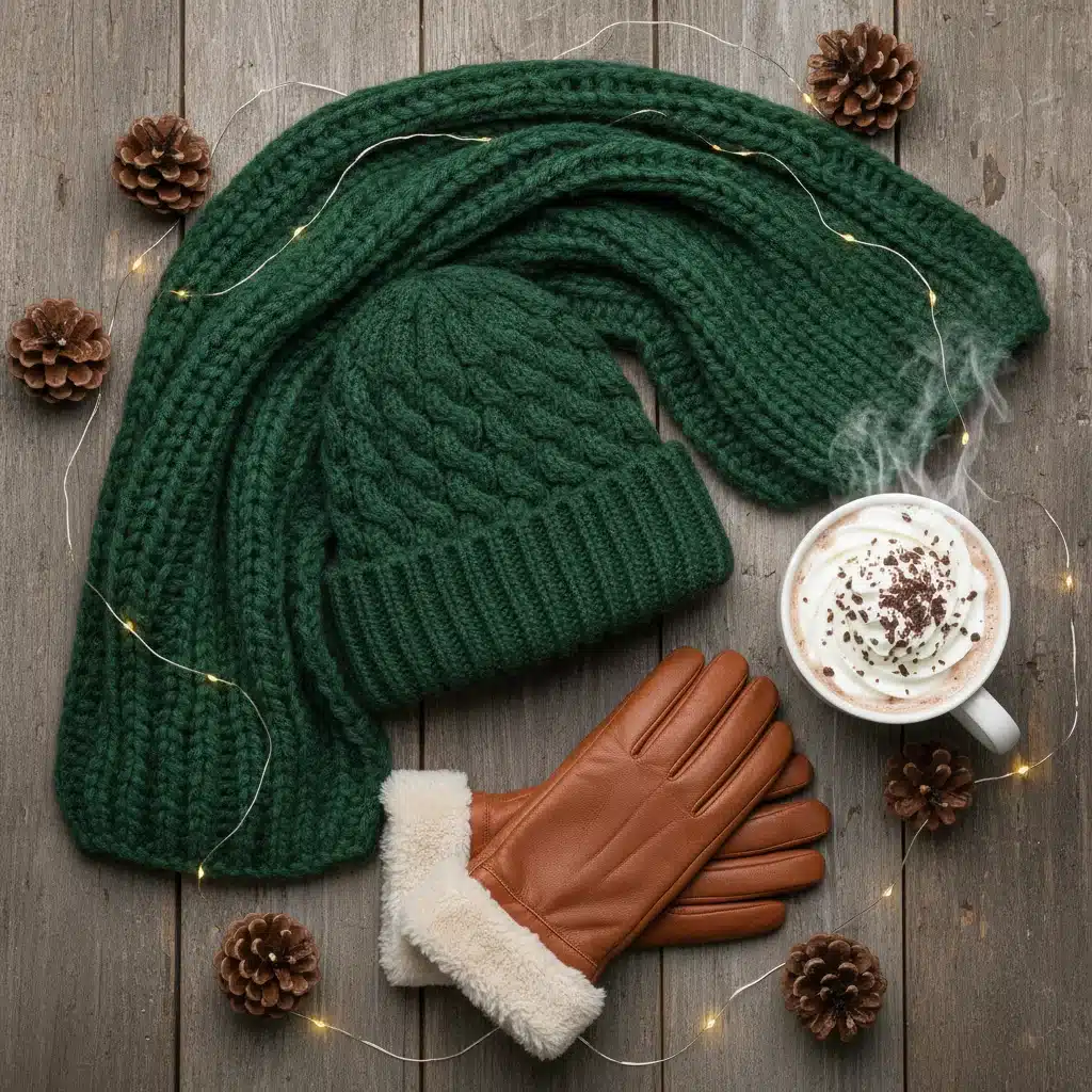Cozy winter accessories flat lay with green beanie, scarf, gloves, and hot cocoa