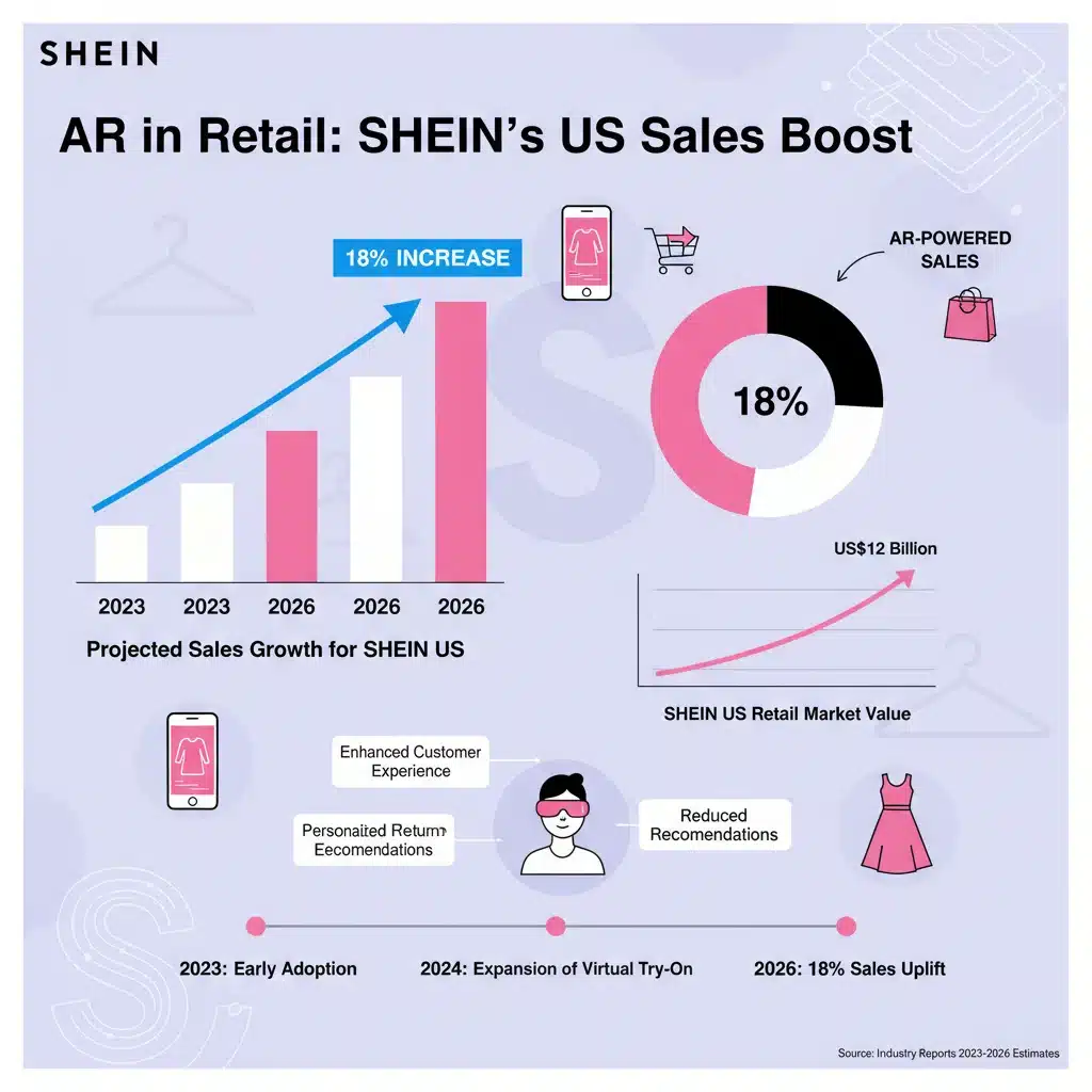 Infographic showing projected 18% sales boost for SHEIN in US by 2026 through AR try-ons.