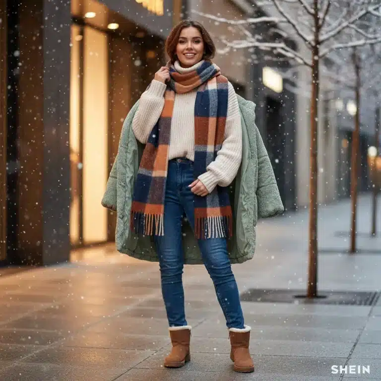 Woman in cozy SHEIN winter sweater and scarf, smiling in urban snow