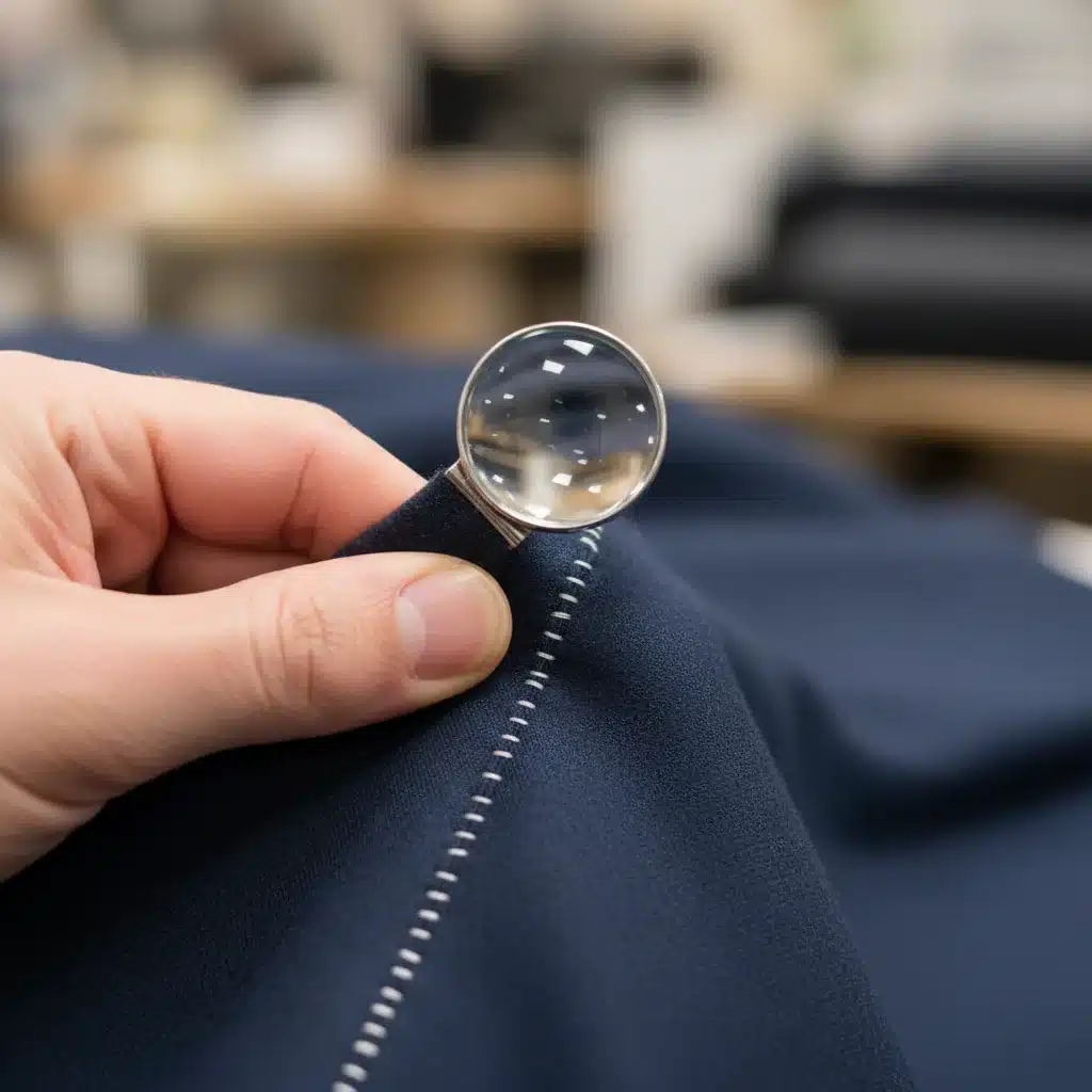 Hand inspecting garment stitching and fabric for quality assessment.